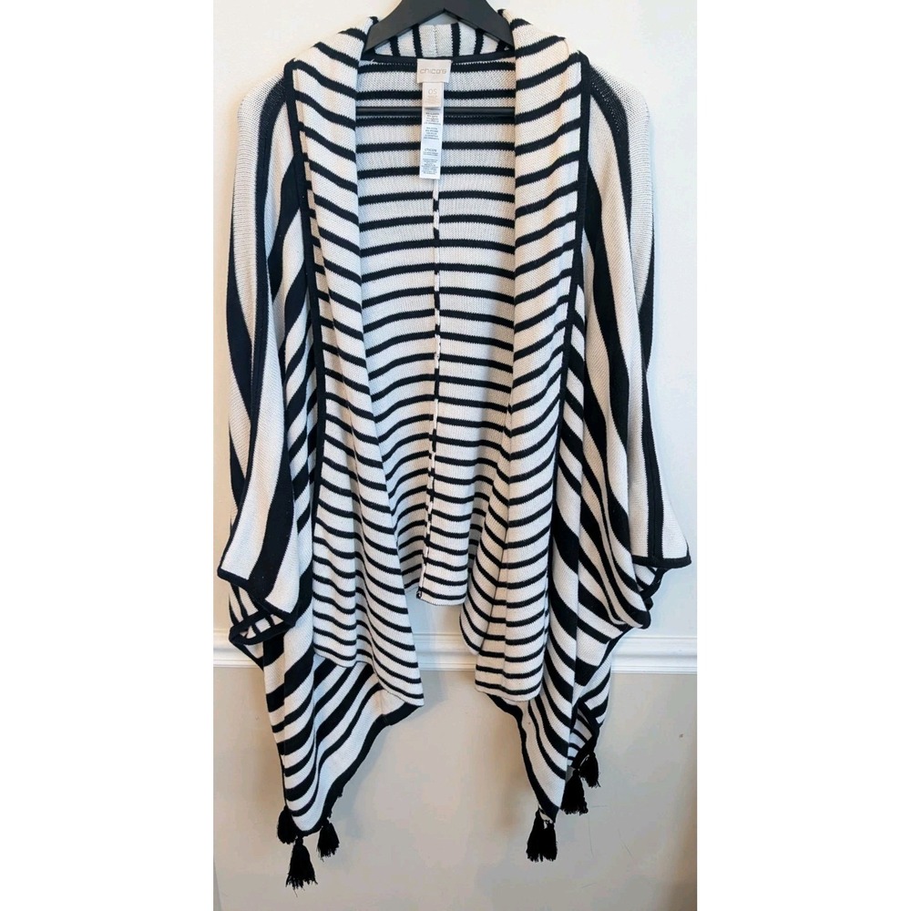 Chicos One Size Black White Striped Knit Tasseled Travel Shawl Poncho Boho Artsy